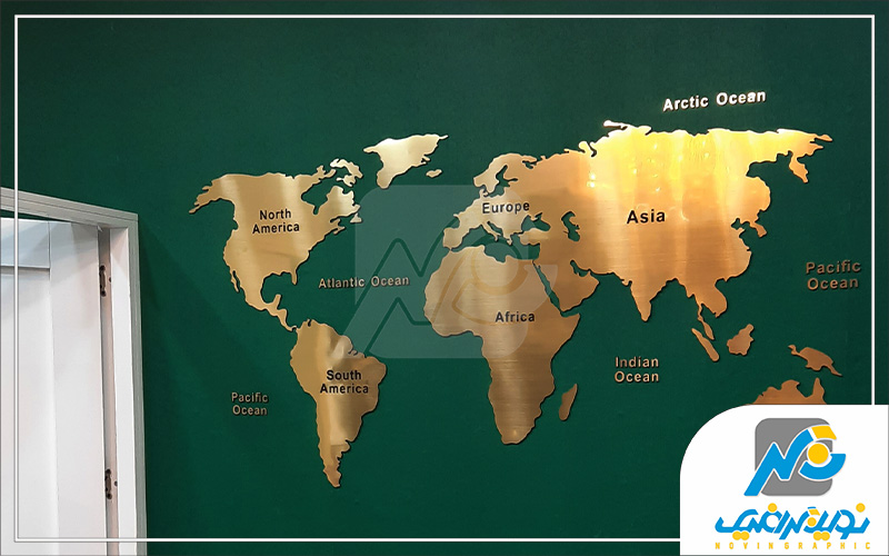 نقشه جهان با متریال پلکسی برشی طلایی پشت چسب دار
